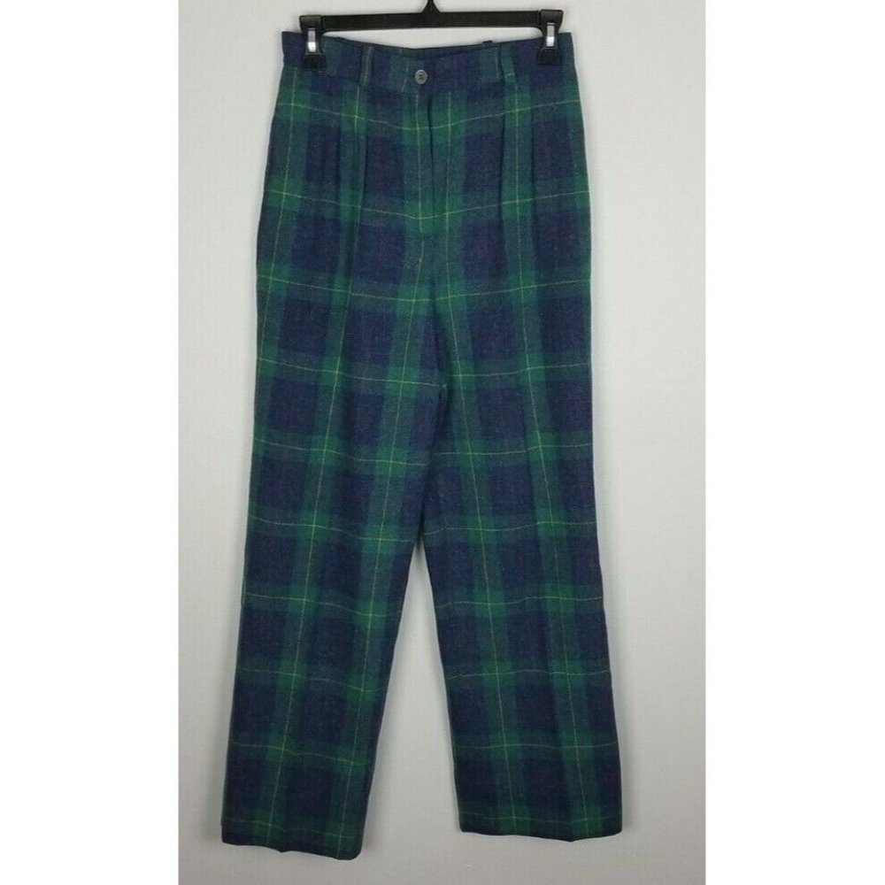 Plaid Wide Leg Pants - Green and Blue